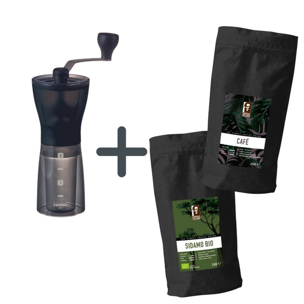 Hario Mini-Mill Slim Plus Kaffeemühle und Coffee Fellows Kaffeebohnen Set