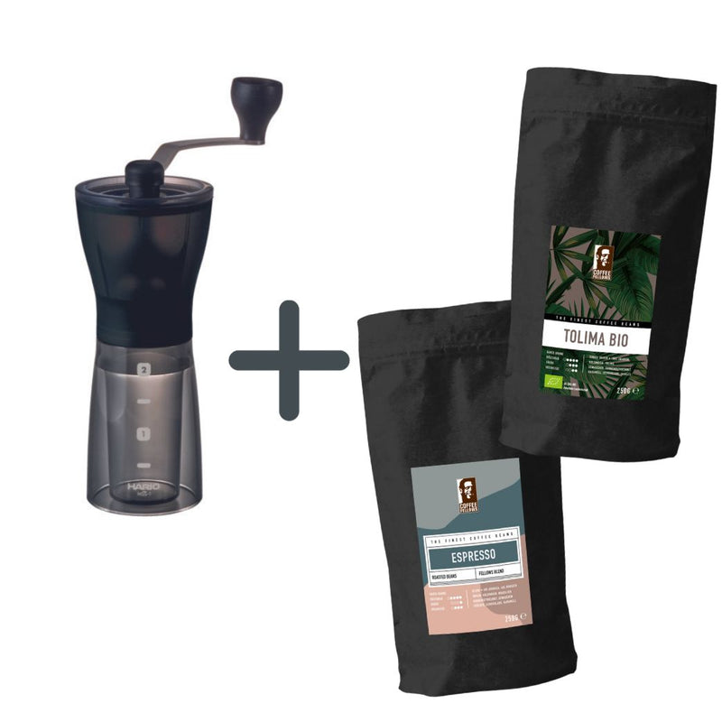 Hario Mini-Mill Slim Plus Kaffeemühle und Coffee Fellows Espressobohnen Set